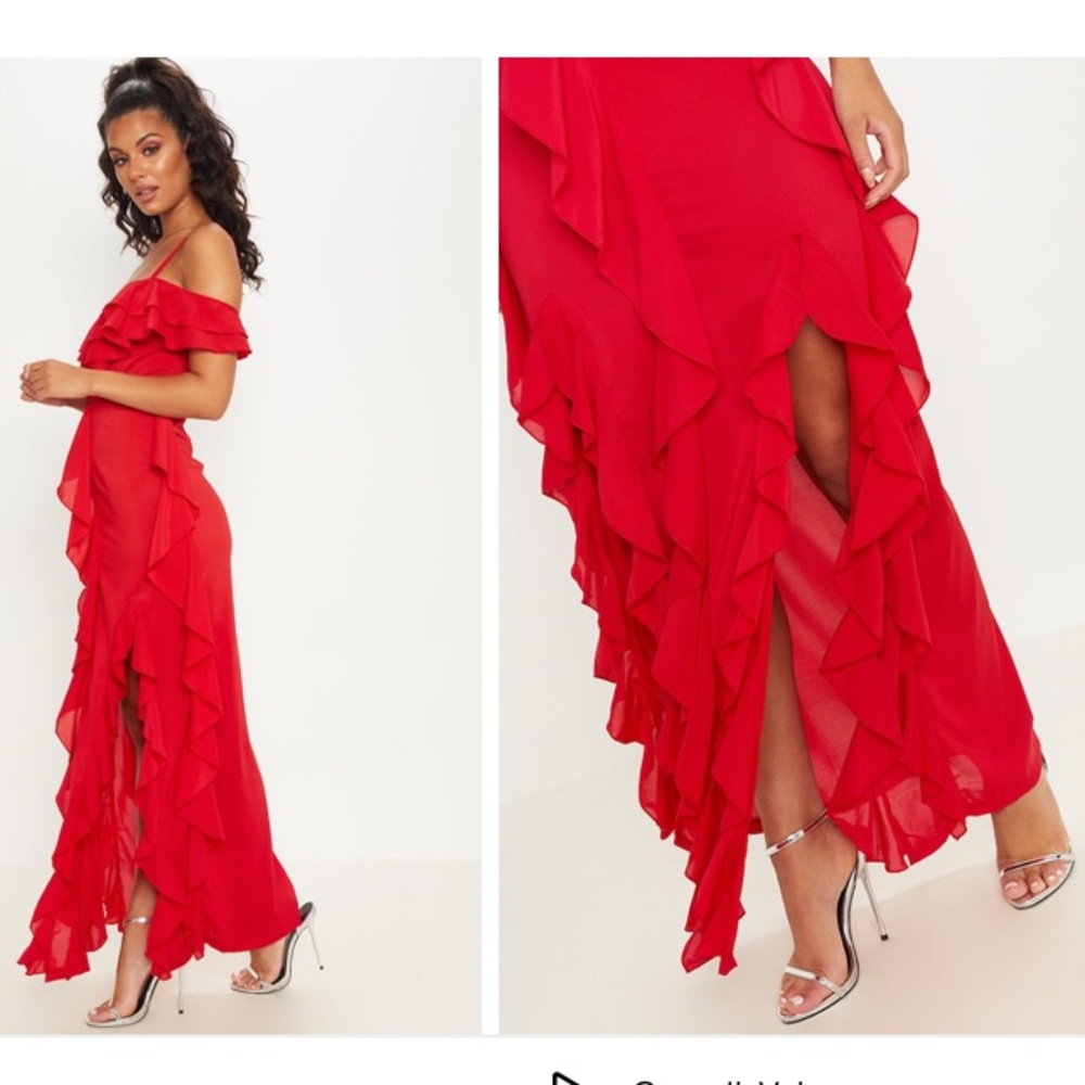 PLT Red Cold Shoulder Ruffle Detail Maxi